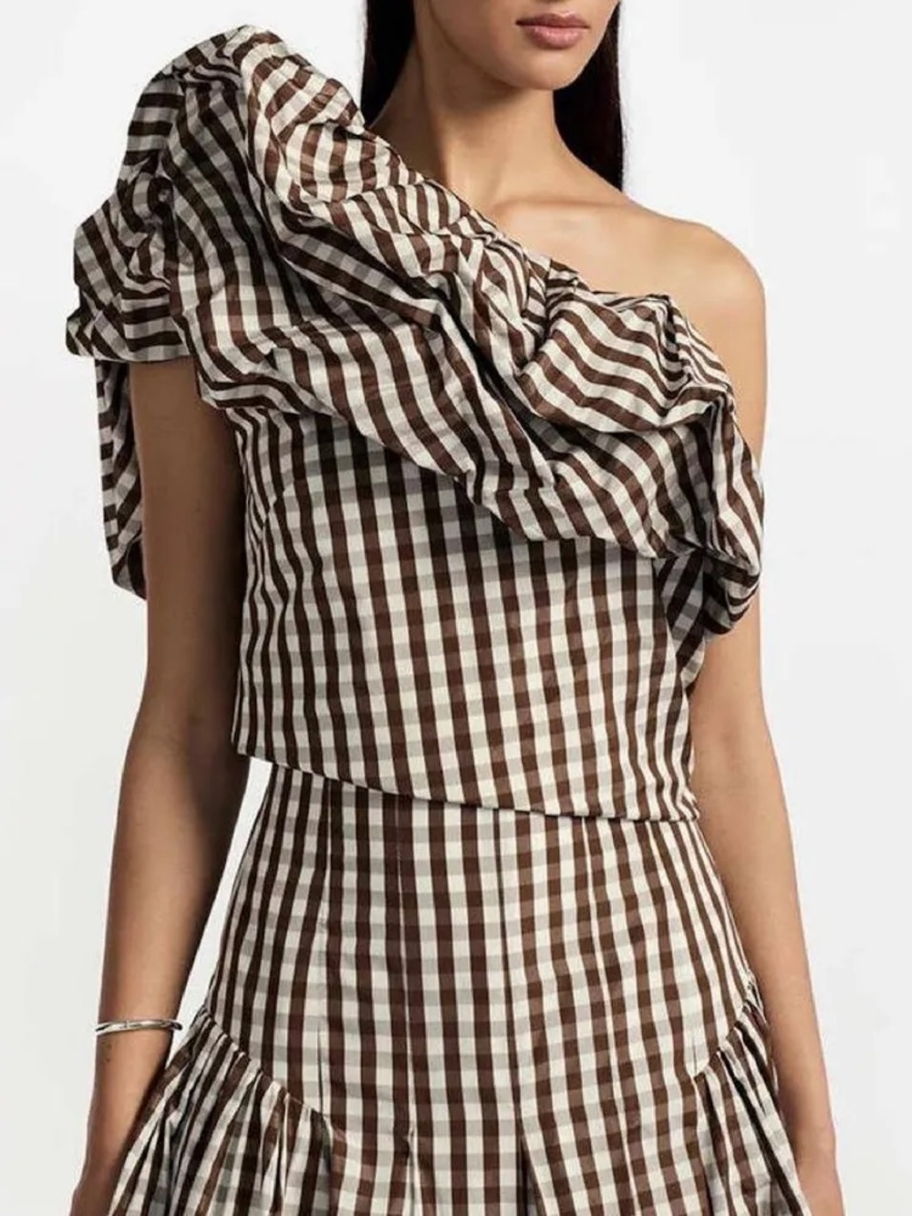 Lela Rose Brown Gingham Plaid Taffeta One Shoulder Ruffle Blouse Top Only Size 8